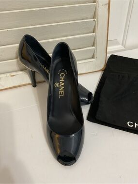 CHANEL Black Patent Peep Toe Pumps